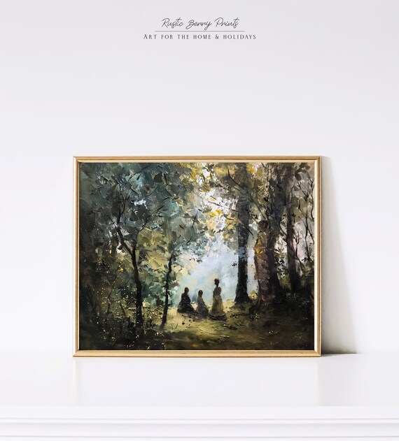Woman And Children Walking Into Sunlit Forest Impressionist Art Poster