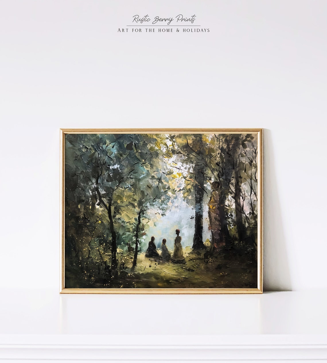 Woman And Children Walking Into Sunlit Forest Impressionist Art Poster
