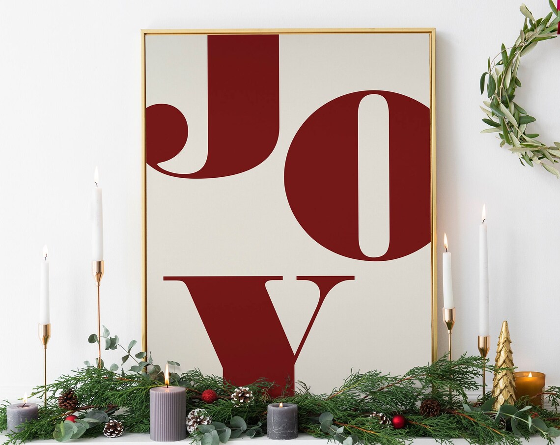JOY Christmas Typography Red Beige Festive Holiday Decor Print
