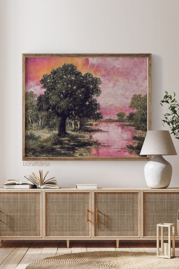 Pink Landscape Print Vintage River Scene Eclectic Nature Art