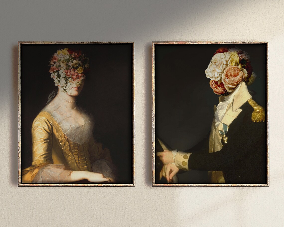Surreal Floral Faced Couple Baroque Portraits Set of Two Poster