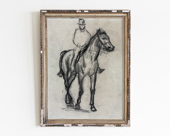 Charcoal Horse Drawing Equestrian Decor Wall Art Pencil Sketch Equine Vintage Degas