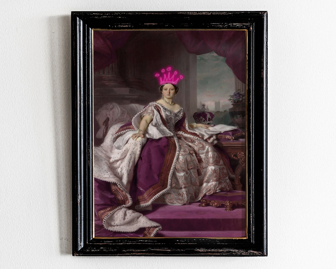 Altered Baroque Queen Portrait With Neon Pink Crown Doodle Poster