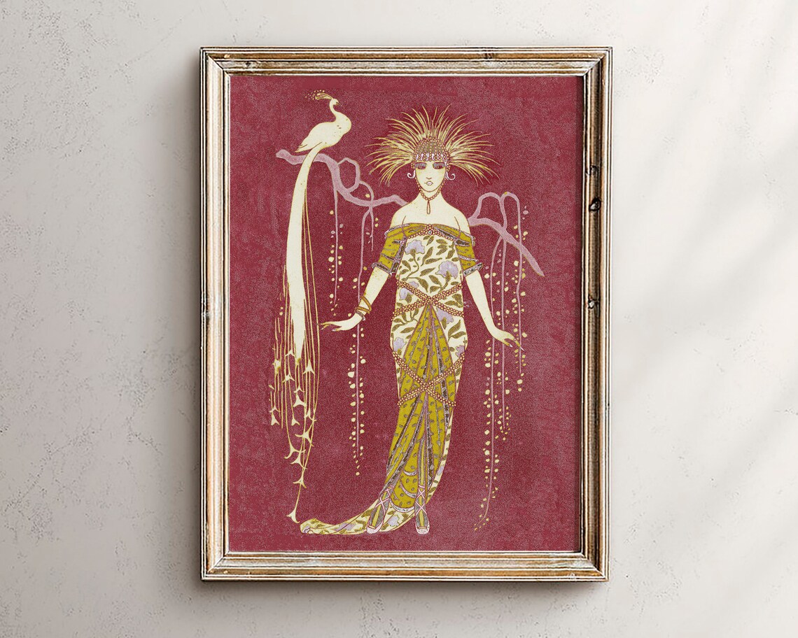 Art Deco Lady with Peacock Gold Gown Red Fashion Illustration Poster
