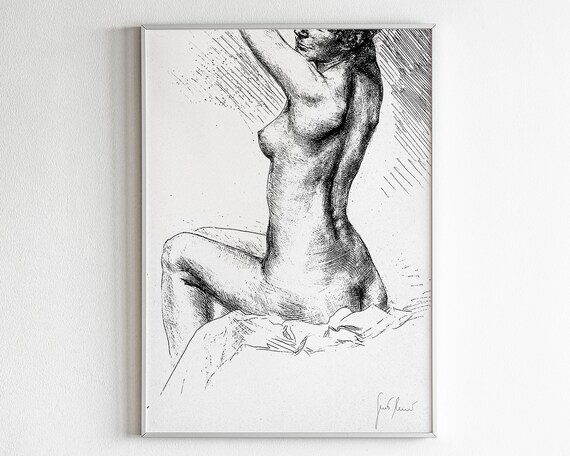Vintage Female Nude Ink Line Drawing Figure Sketch Art Poster