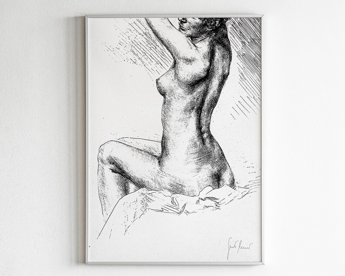 Vintage Female Nude Ink Line Drawing Figure Sketch Art Poster