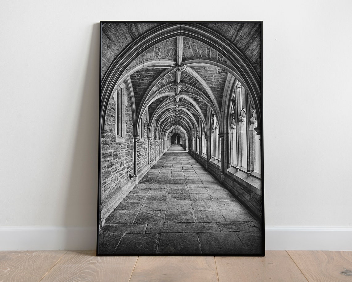 Gothic Stone Cloister Corridor Black and White Photography Poster