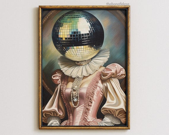Disco Ball Female Portrait Poster Vintage Painting Pop Art Maximalist Wall Decor