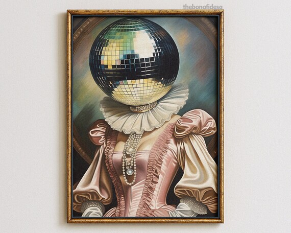 Disco Ball Head Renaissance Woman Surreal Maximalist Pop Art Poster
