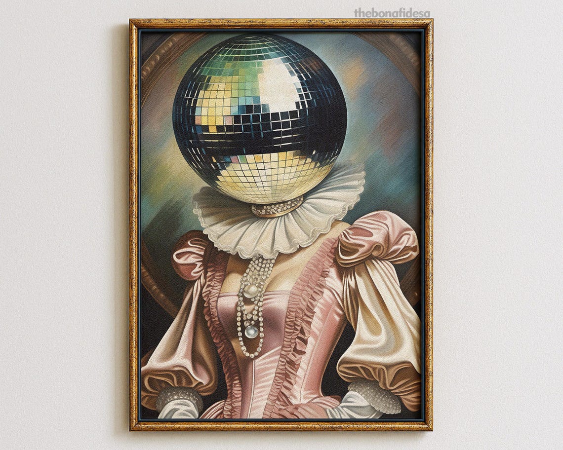 Disco Ball Head Renaissance Woman Surreal Maximalist Pop Art Poster