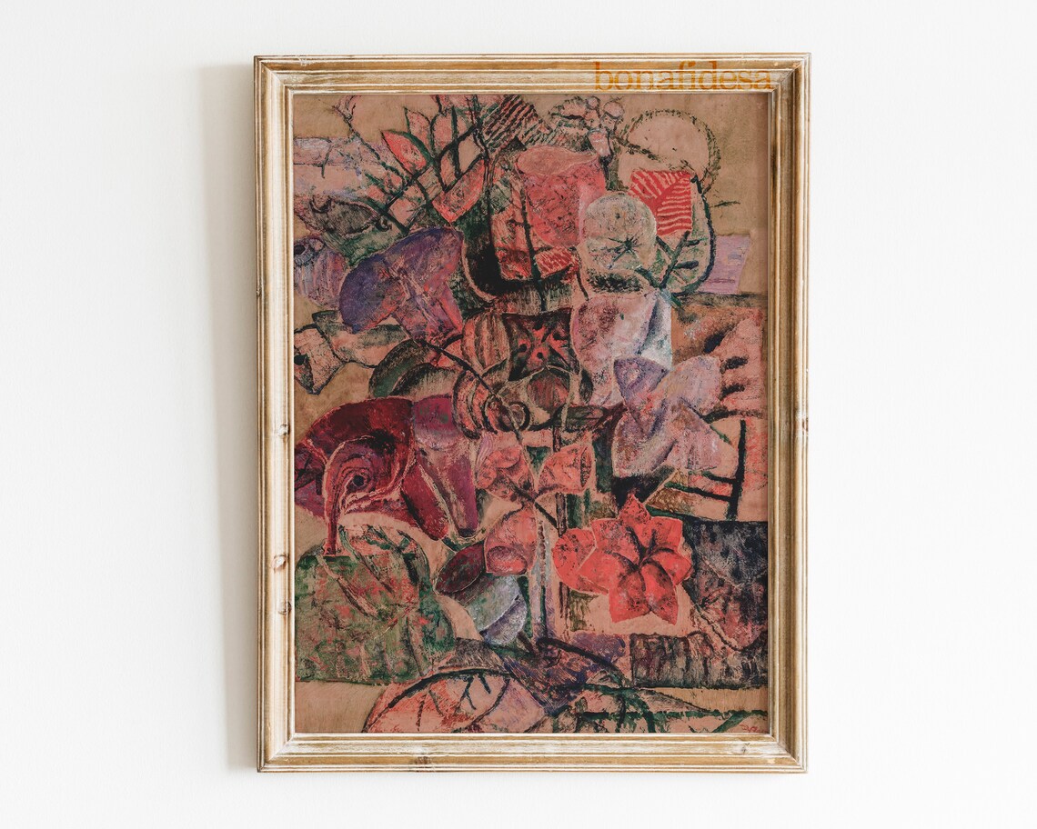 Vintage Abstract Botanical Wall Art Unique Floral Bouquet Oil Painting Instant