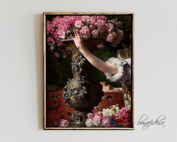 Dark Baroque Arm Reaching Pink Flowers Ornate Vase Collage Art Poster