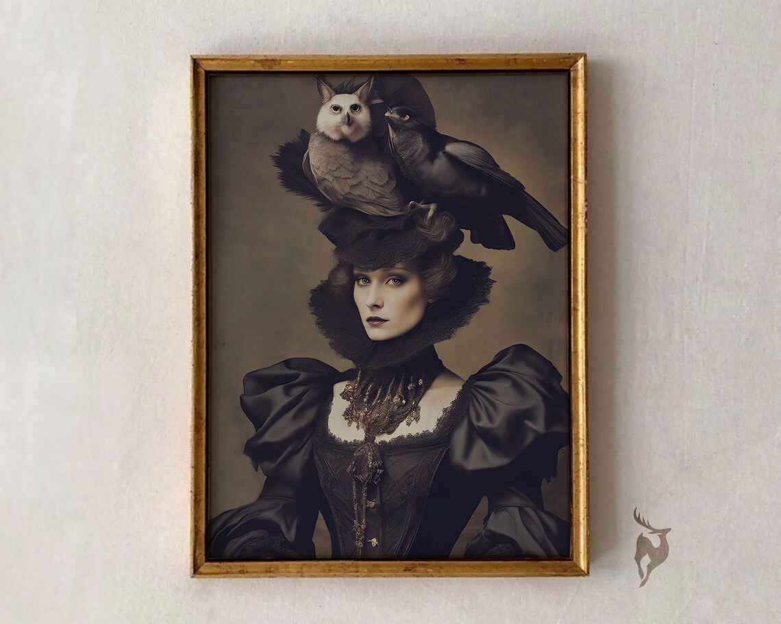 Victorian Woman with Owl and Crow Hat Gothic Surreal Portrait Print