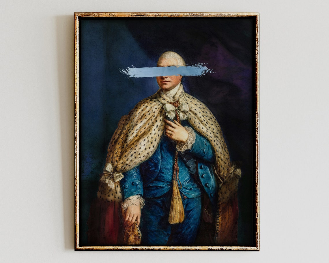 Classic Aristocrat Portrait with Blue Paint Stroke Altered Art Poster