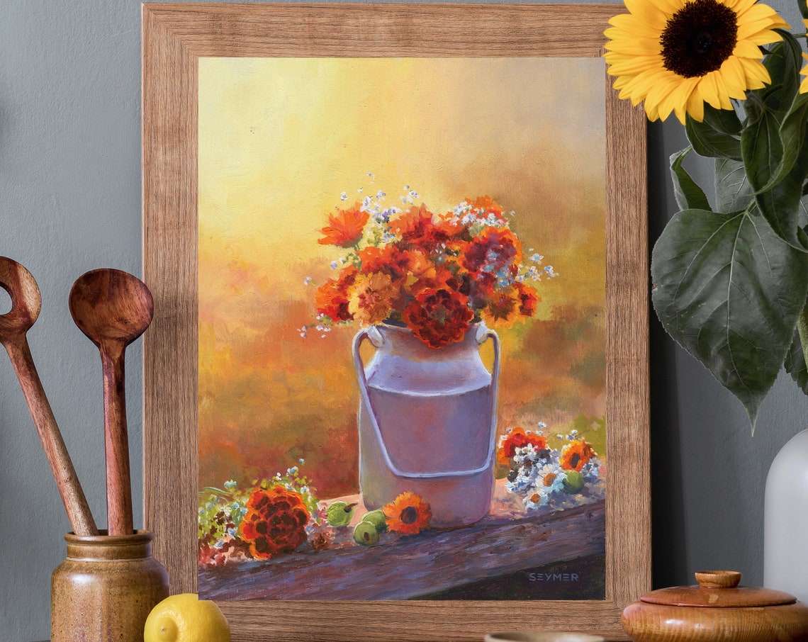 Orange Marigold Bouquet Still Life Oil Painting In Milk Can Poster - Image 4