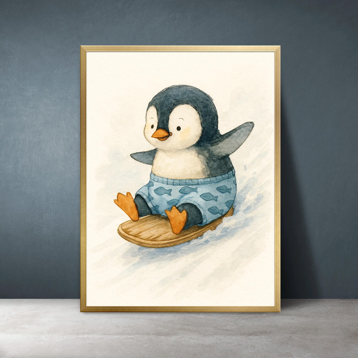 Baby Penguin Sledding on Wooden Sled Cute Winter Nursery Art Poster
