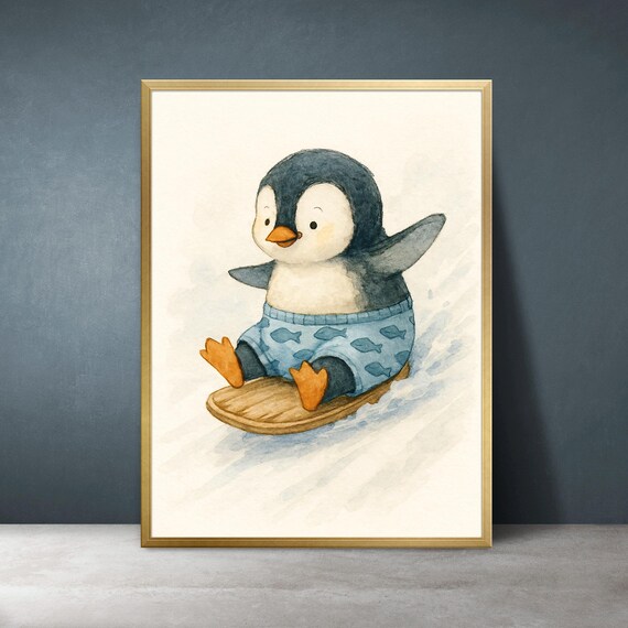 Baby Penguin Sledding on Wooden Sled Cute Winter Nursery Art Poster