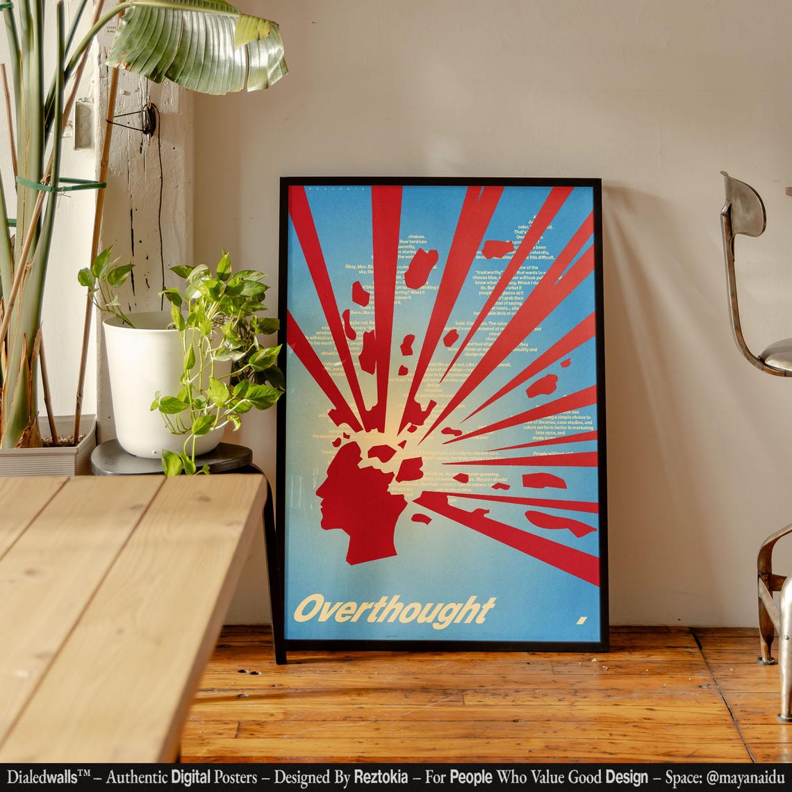 Overthought Exploding Red Head Silhouette Blue Retro Graphic Poster