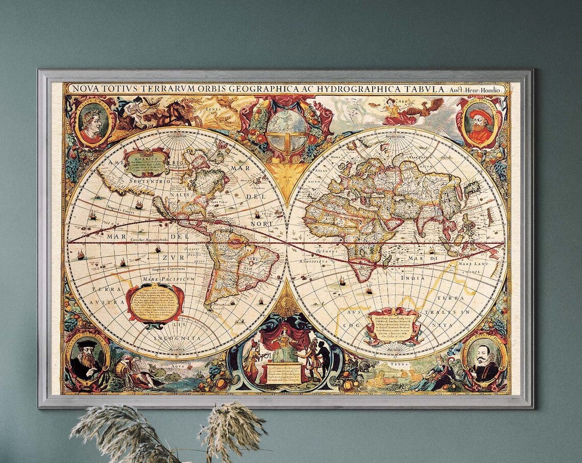 Antique World Map Print, Vintage Travel Poster