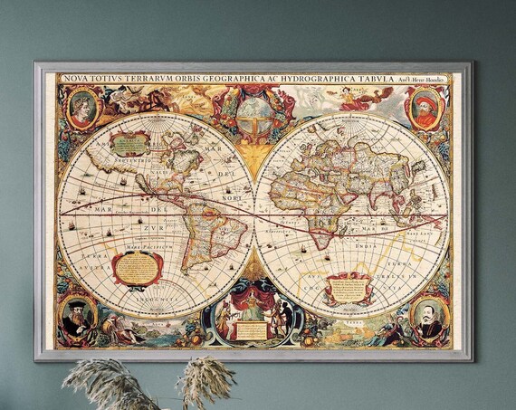 Antique World Map Print, Vintage Travel Poster