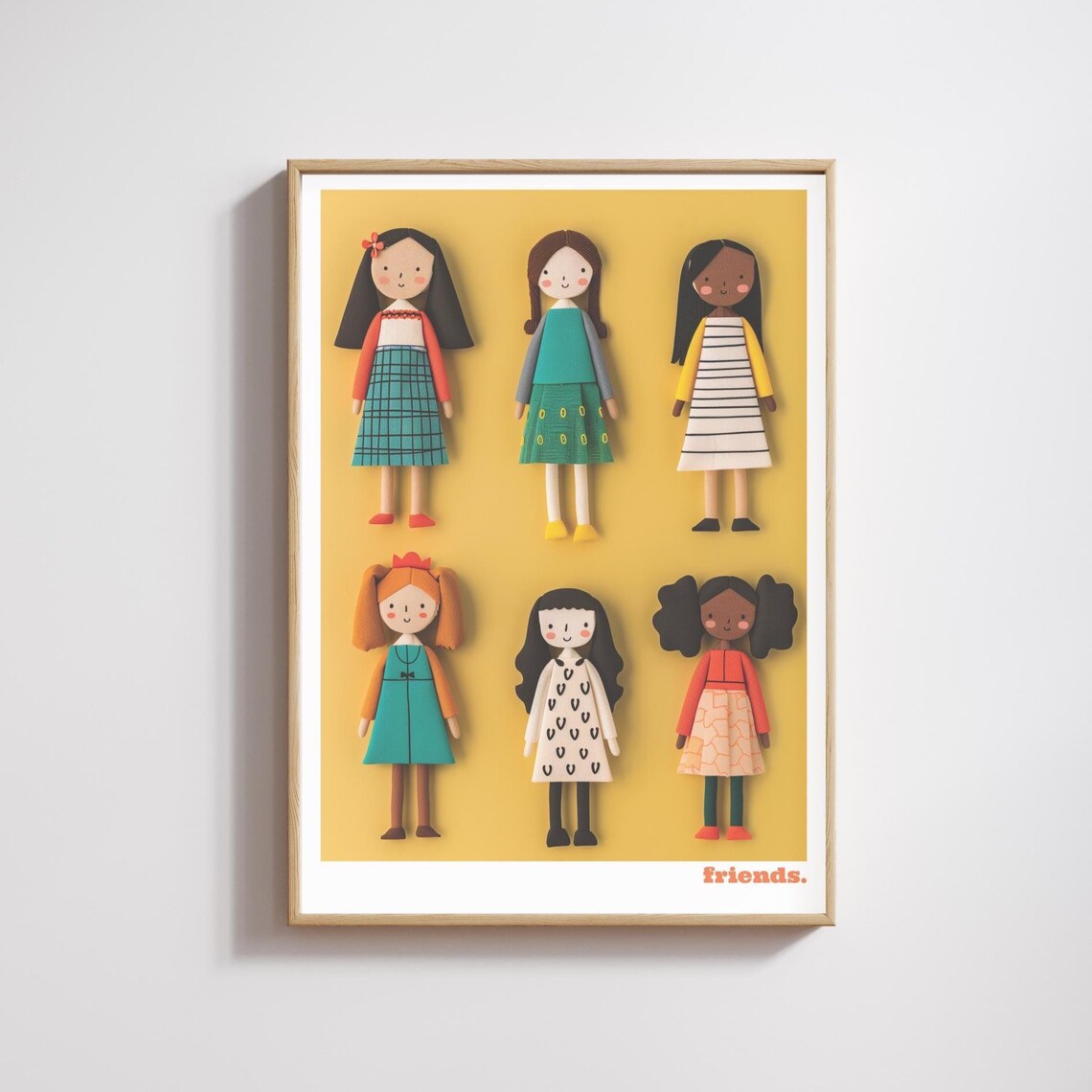 Retro Friendship Dolls Print Six Girls Colorful Nursery Room Art