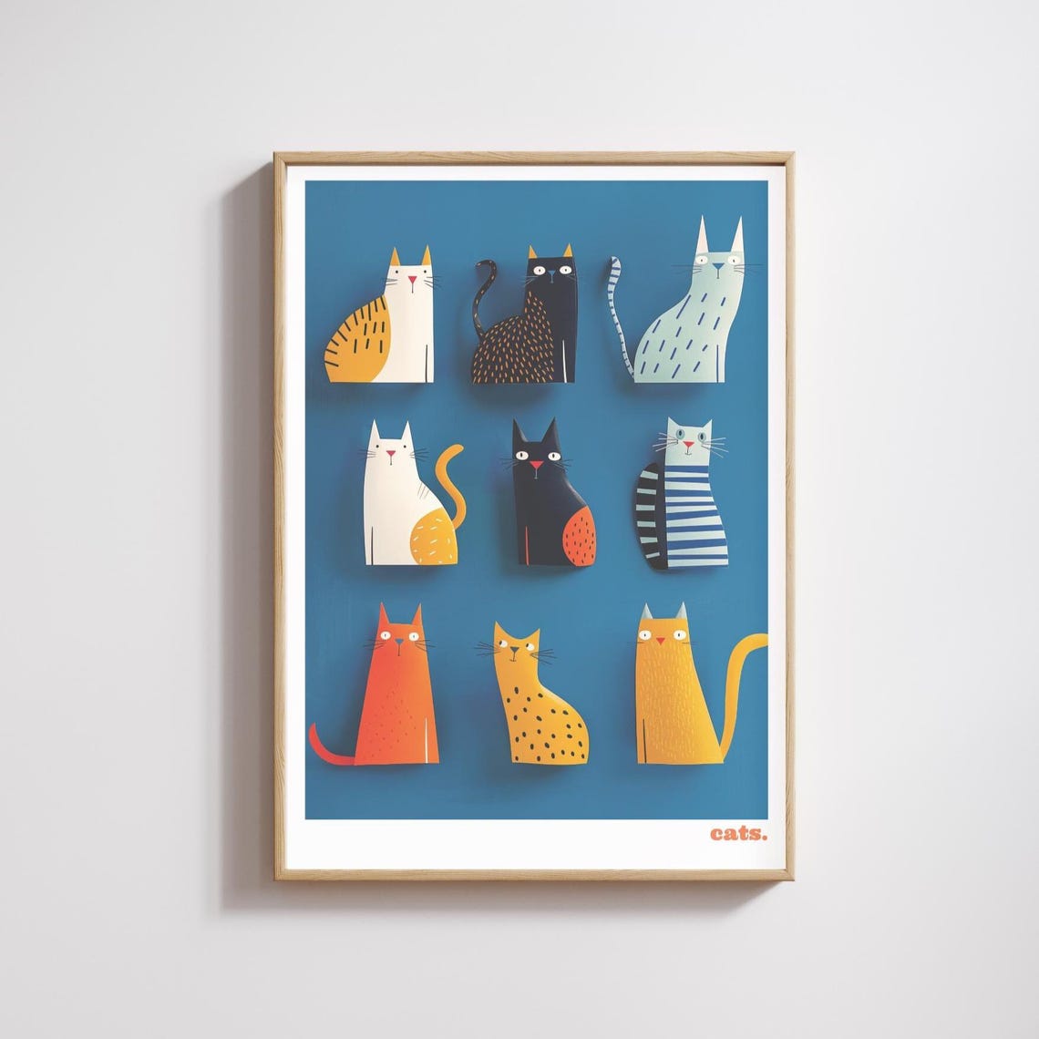 Quirky Colorful Illustrated Cats Grid Modern Feline Art Print