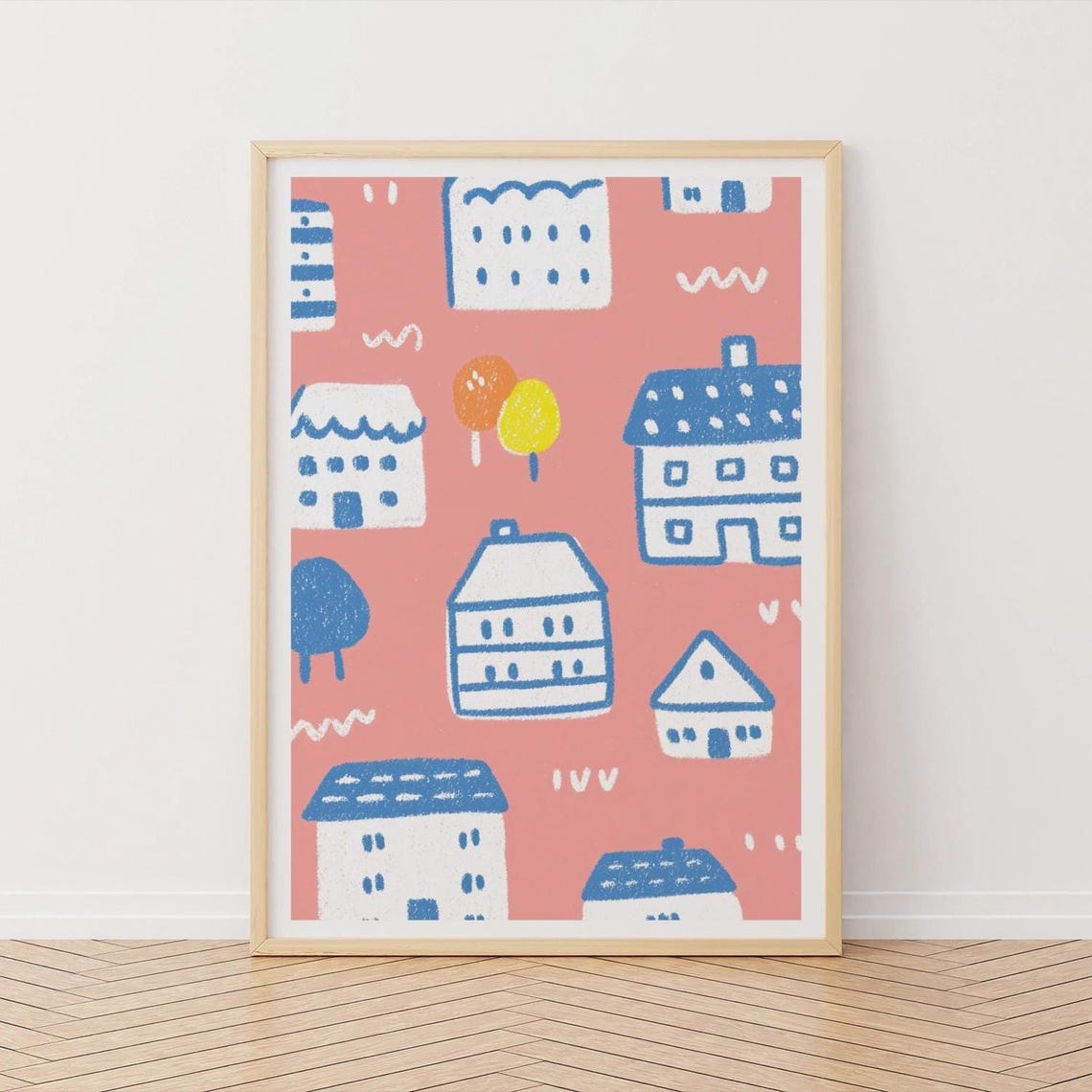 Colorful Illustrated Houses on Pink My Street Nursery Poster