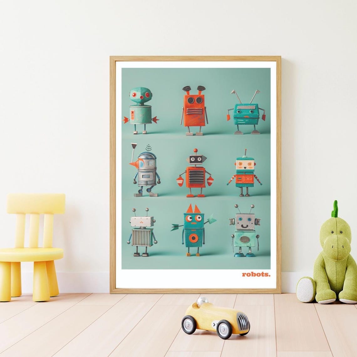 Retro Tin Toy Robots Collection On Mint Colorful Playroom Wall Poster