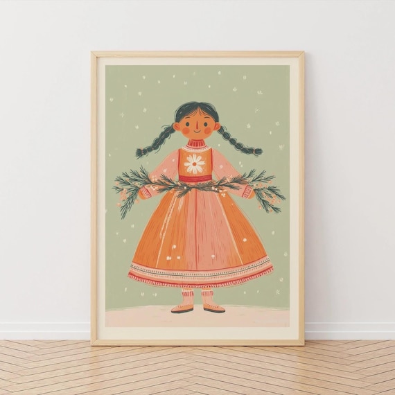 Scandinavian Winter Girl with Braids Nordic Folk Art Wall Print