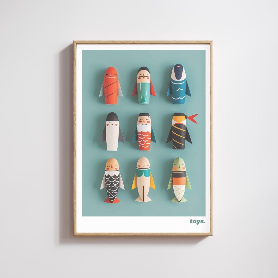 Kokeshi Sea Creatures Wooden Toy Figures Cute Nursery Poster