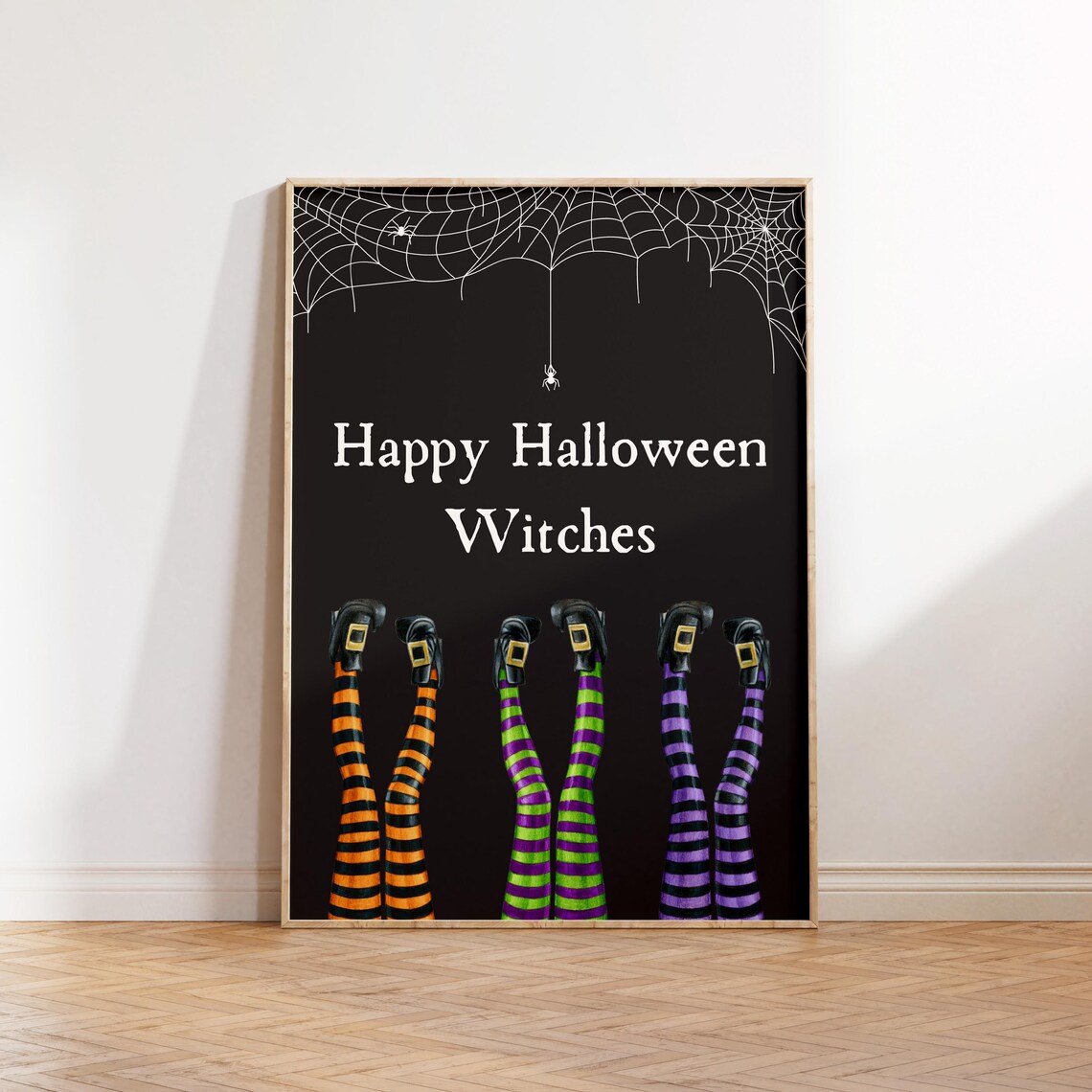 Happy Halloween Witches Legs with Striped Stockings Spiderweb Poster - Image 3