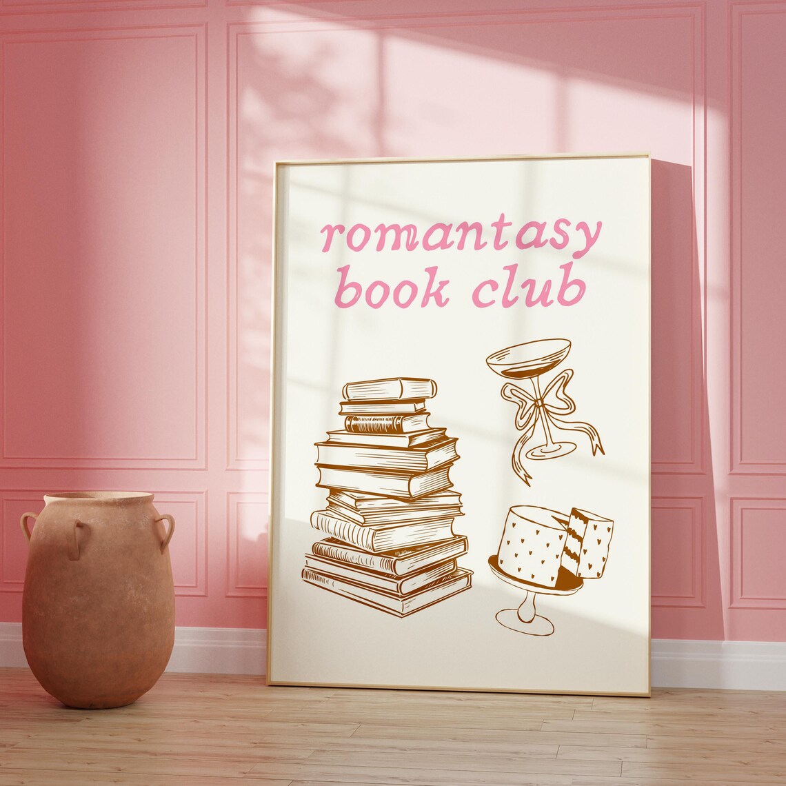 Romantasy Book Club Pink Script Book Stack Heart Cake Art Poster - Image 4