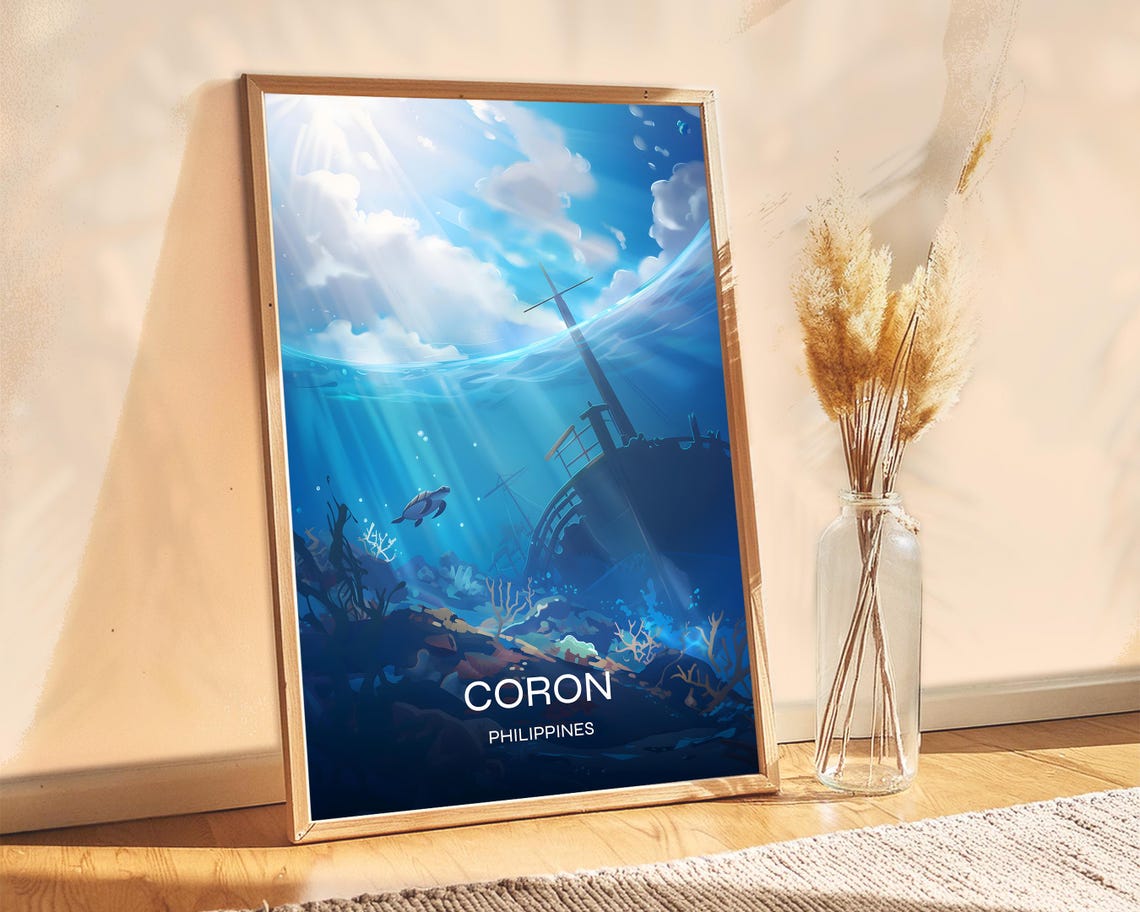 Coron Philippines Underwater Shipwreck Freediving Travel Poster