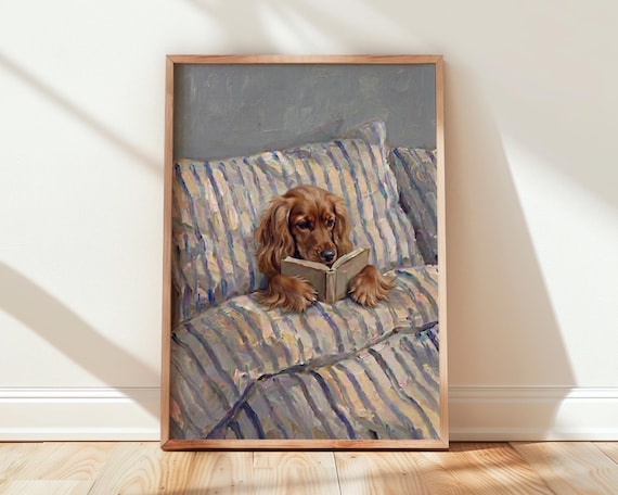 Cavalier King Charles Spaniel In Bed Print Dog Reading Book Wall Art