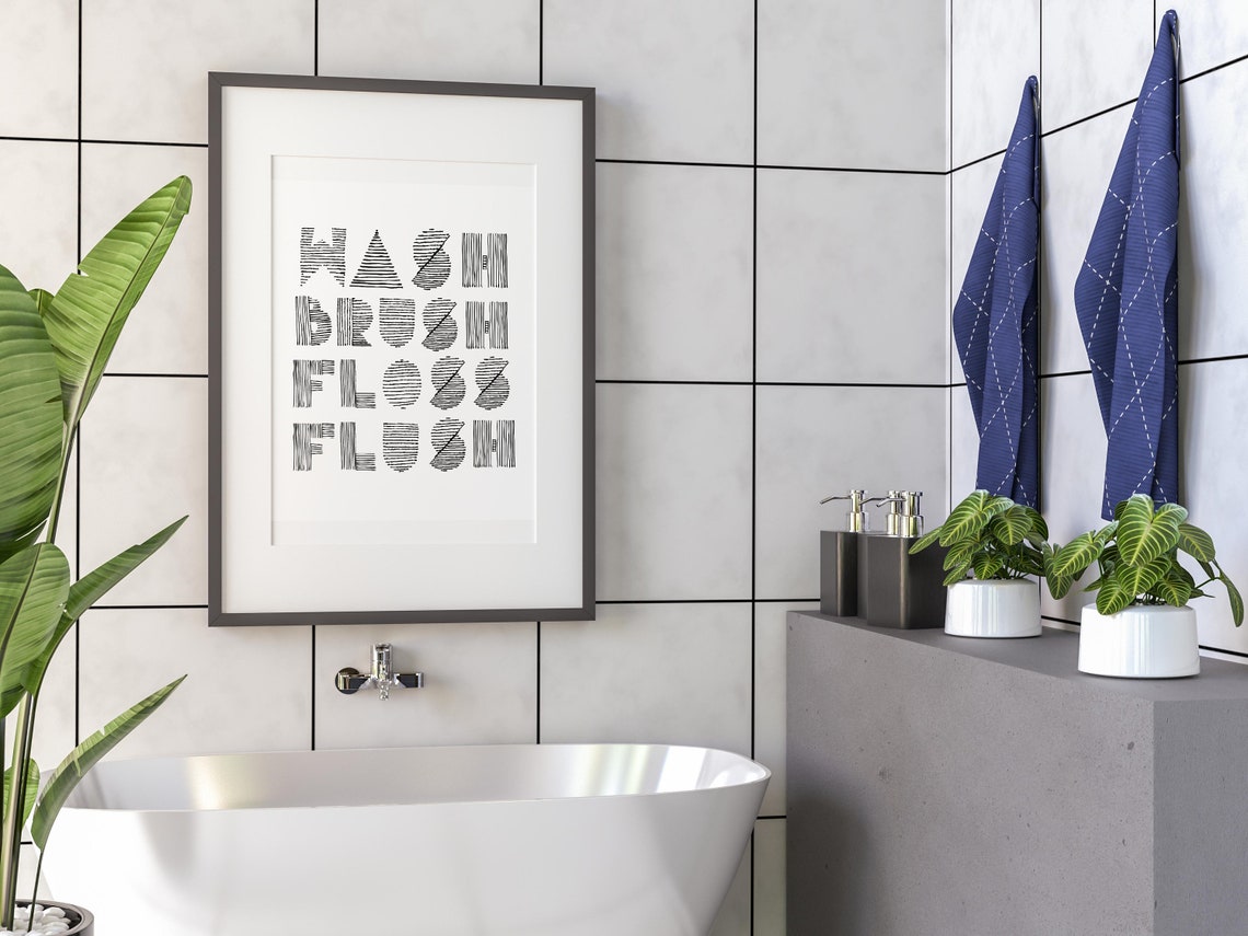 Wash Brush Floss Flush Hand Lettered Bathroom Typography Poster - Image 2