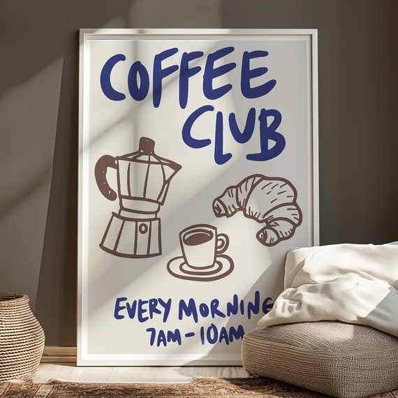 Coffee Club Print Poster Wall Art Retro Trendy Kitchen Prints Decor Food Neutral 2581