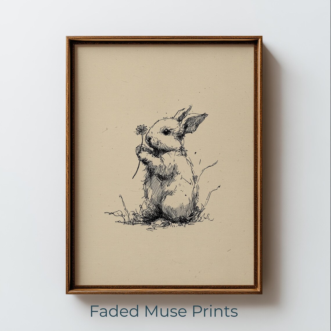 Antique Rabbit Sketch Pen and Ink Rustic Cottagecore Bunny Holding Flower Poster