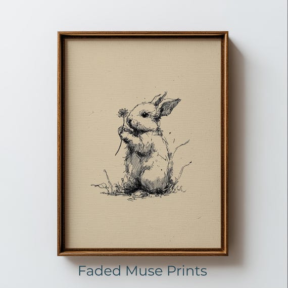 Antique Penandink Rabbit Sketch Rustic Cottagecore Animal Art Digital Download 1551