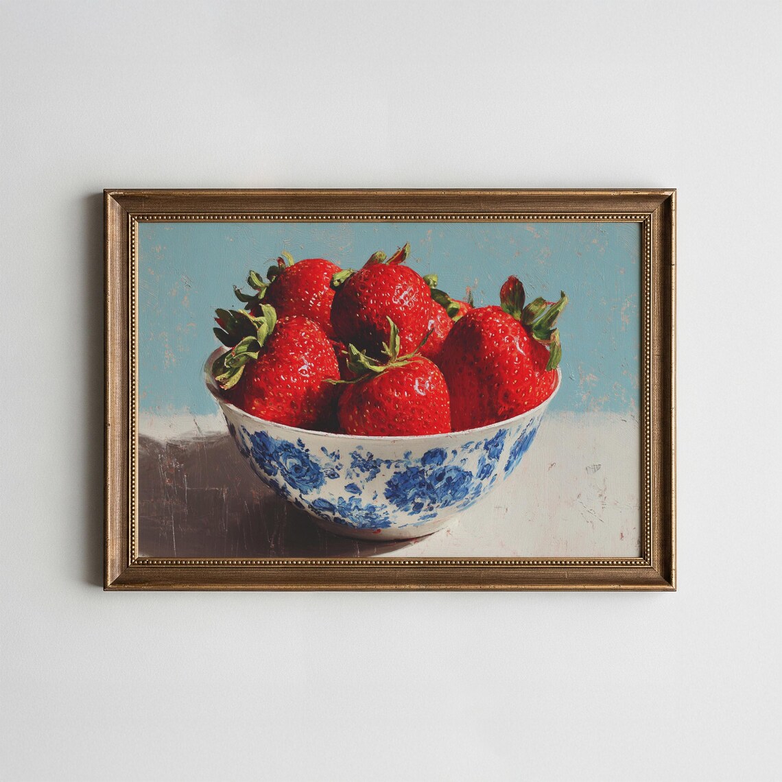 Vintage Strawberry Bowl Still Life Farmhouse Kitchen Oil Painting Wall Art