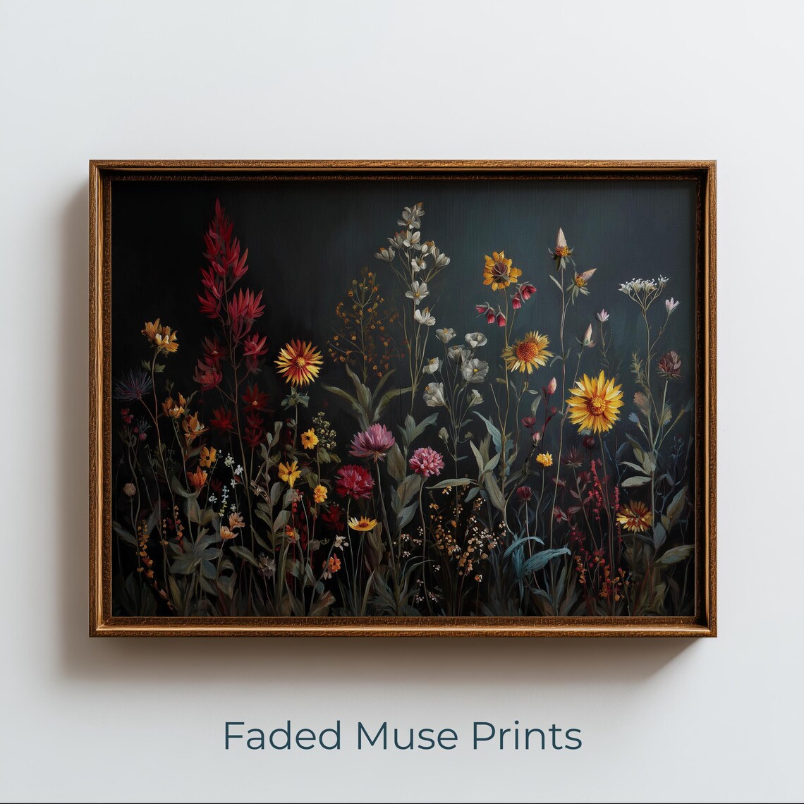 Moody Wildflower Meadow Dark Background Vintage Cottagecore Floral Poster