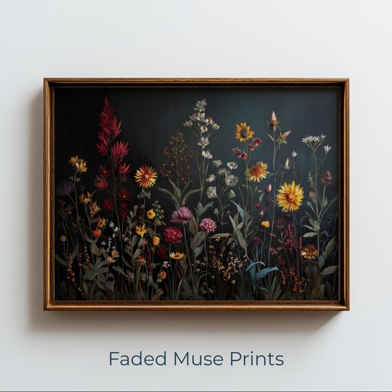 Moody Wildflower Meadow Dark Background Vintage Cottagecore Floral Poster