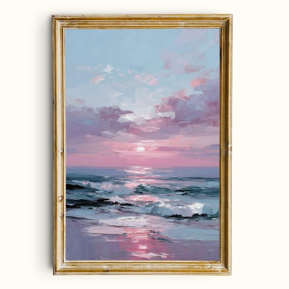 Soft Pink Seascape Painting Dreamy Ocean Sunset Printable Wall Art Digital Download