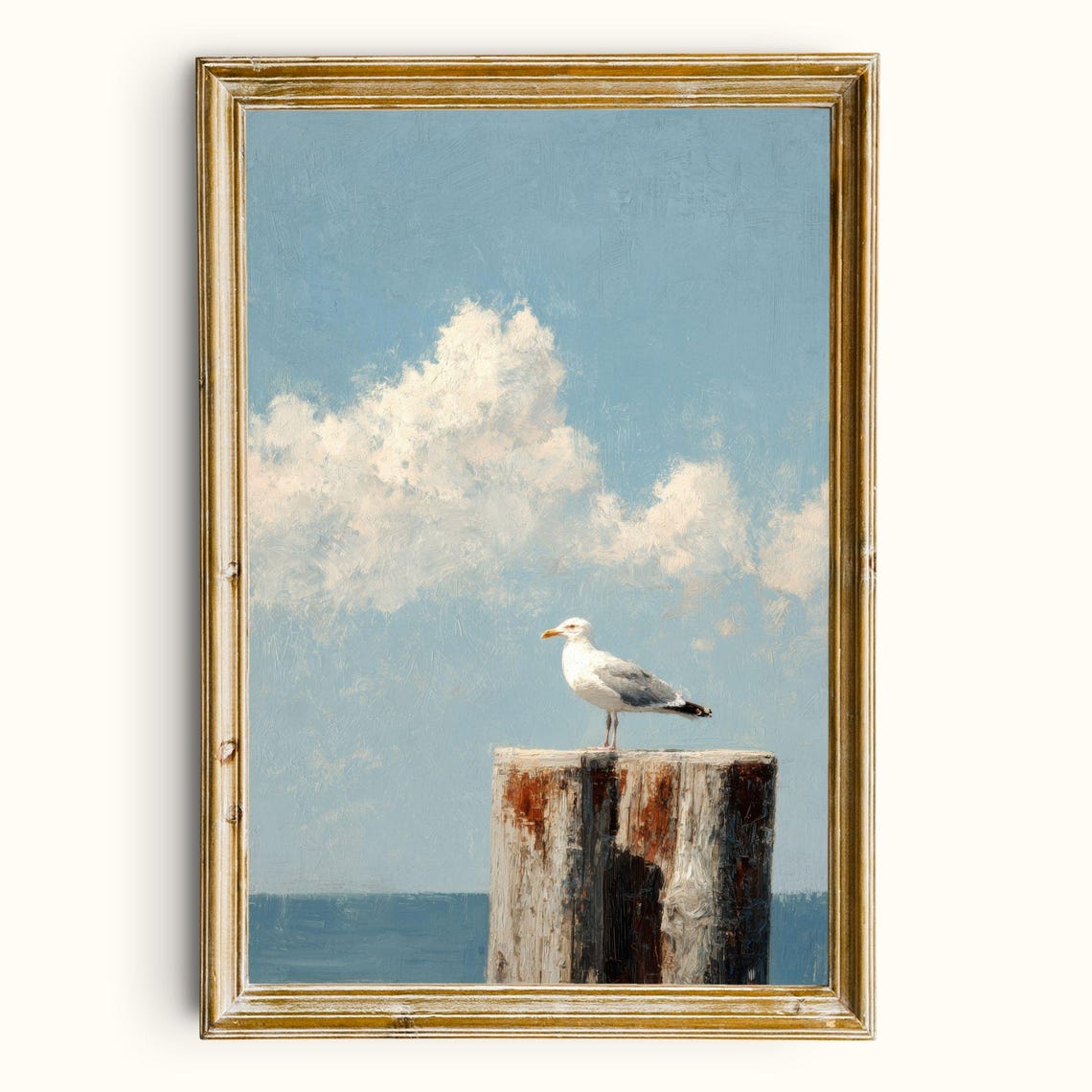 Seagull On Wooden Dock Post Coastal Beach Landscape Painting Poster