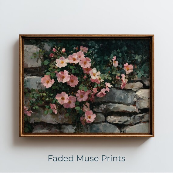 Cascading Wild Roses Over Aged Stone Wall Romantic Botanical Art Print