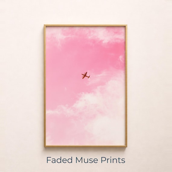 Minimalist Airplane Silhouette In Pink Sky Romantic Travel Themed Art Print Digital Download 360