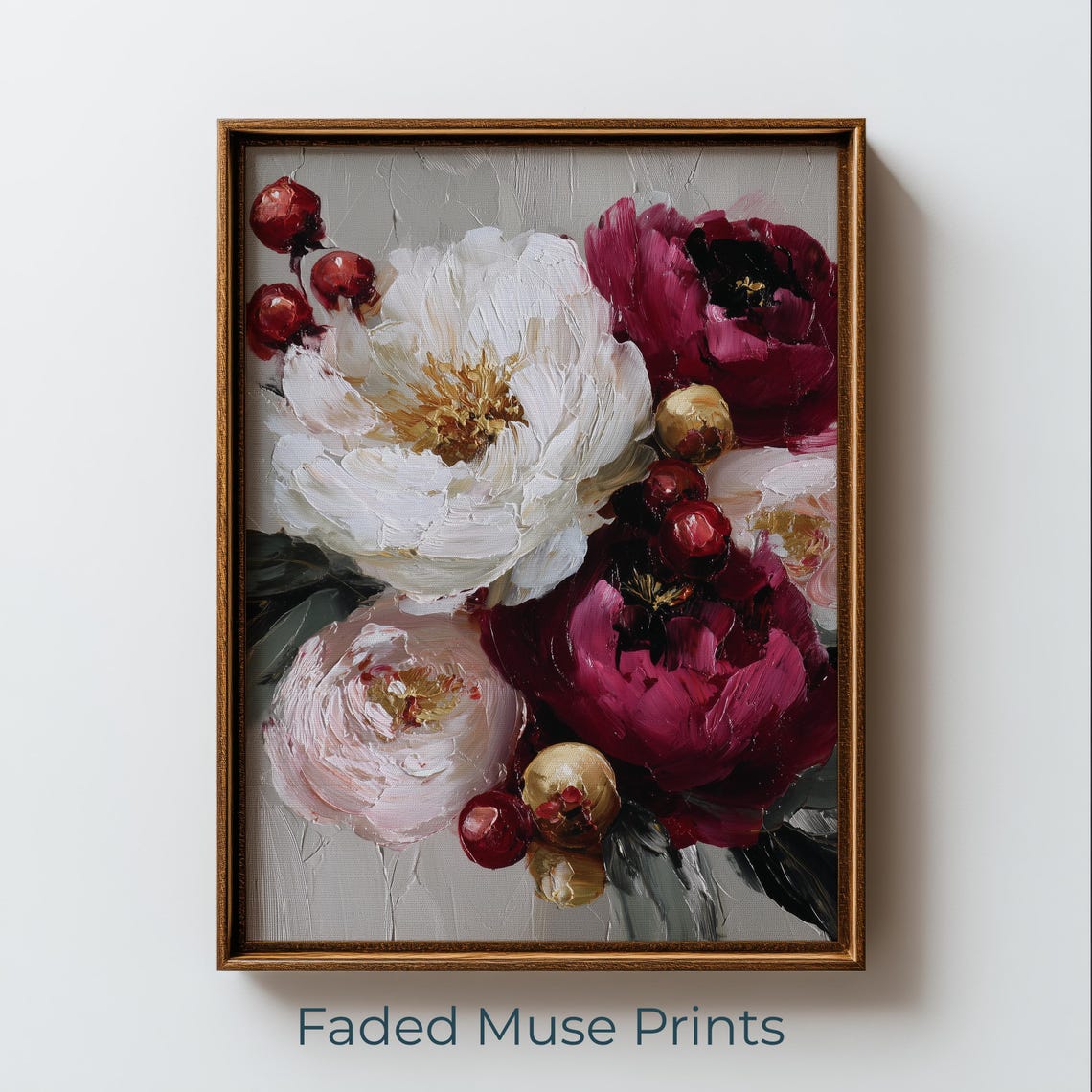 Romantic Peony Bouquet Burgundy White Blush Floral Art Print