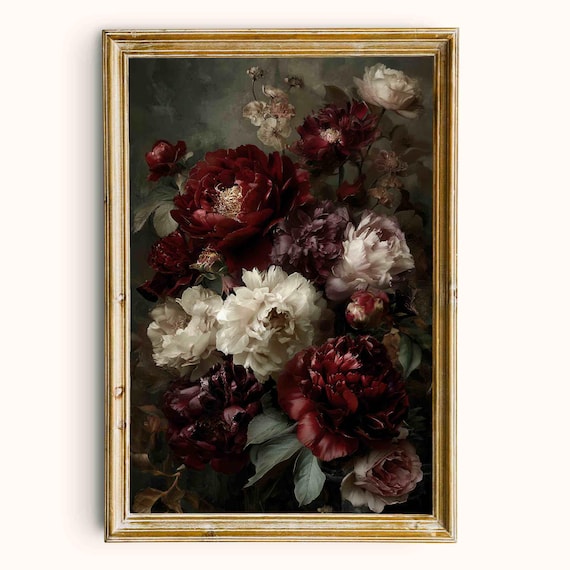 Vintage Dark Floral Painting Burgundy Peony Bouquet Printable Wall Art Digital Download