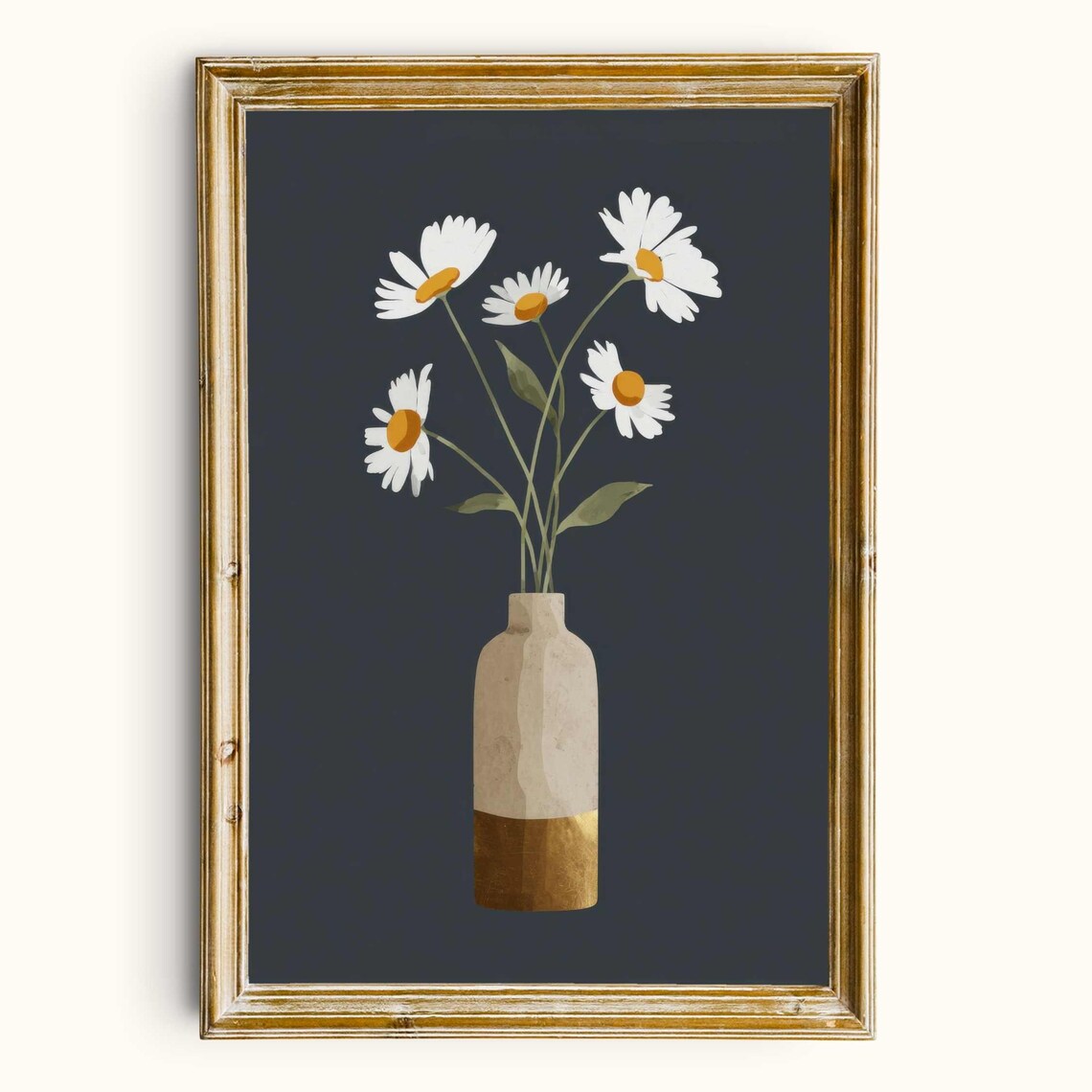 Minimalist White Daisy Vase Navy Moody Floral Printable Wall Art Digital Download
