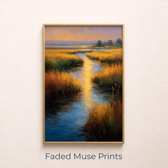 Calm Coastal Marsh Reeds Sunset Golden Landscape Painting Poster