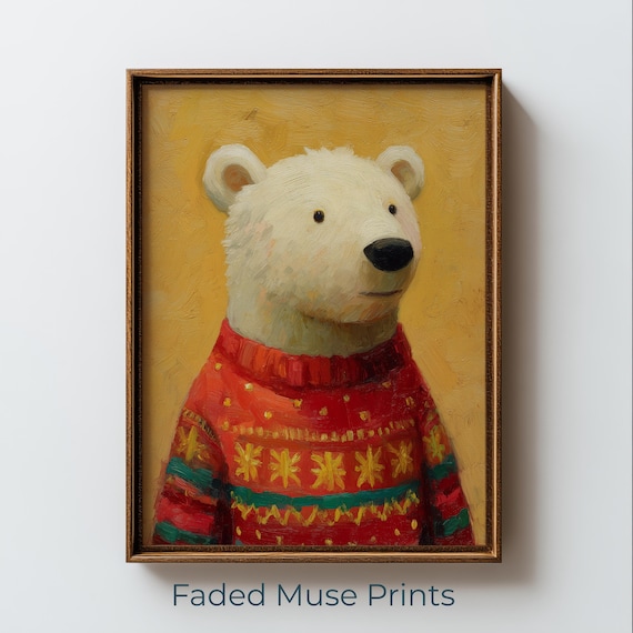 Polar Bear Red Christmas Sweater Festive Animal Oil Painting Poster